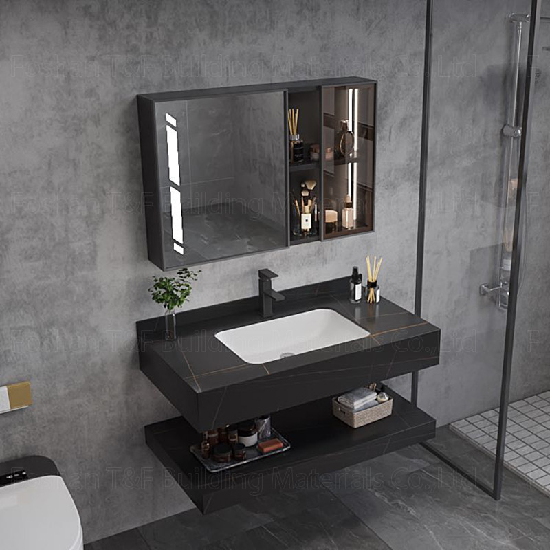 La vanité de marbre moderne de salle de bains d'hôtel a aggloméré le Cabinet en pierre d'évier de bassin que Smart a mené le miroir