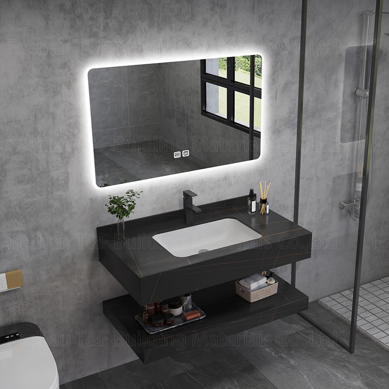 La vanité de marbre moderne de salle de bains d'hôtel a aggloméré le Cabinet en pierre d'évier de bassin que Smart a mené le miroir