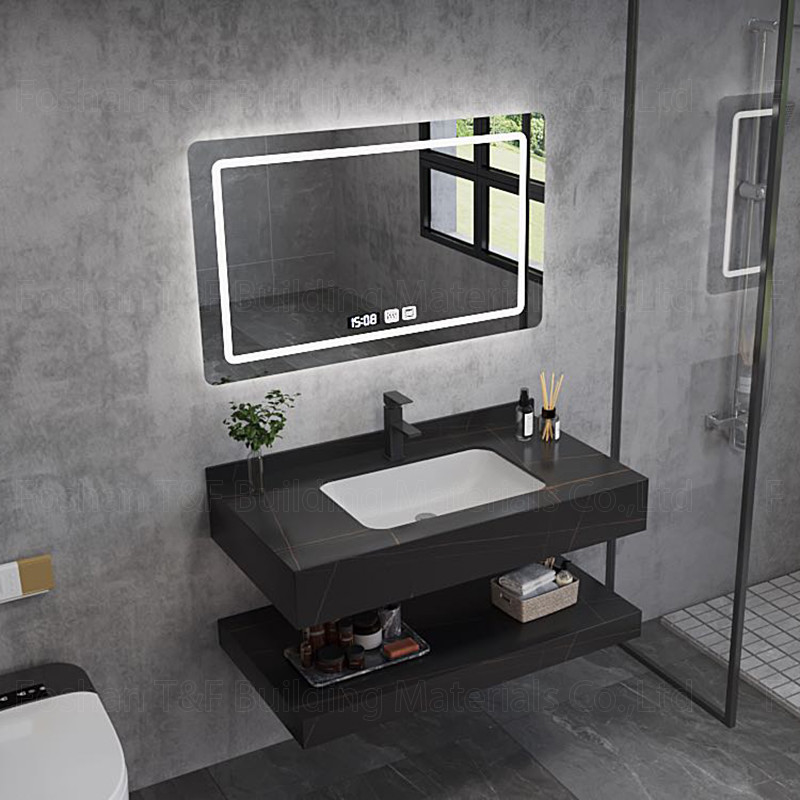 La vanité de marbre moderne de salle de bains d'hôtel a aggloméré le Cabinet en pierre d'évier de bassin que Smart a mené le miroir