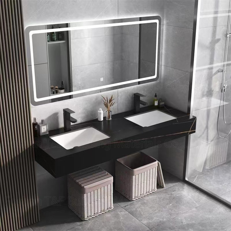 La vanité de marbre moderne de salle de bains d'hôtel a aggloméré le Cabinet en pierre d'évier de bassin que Smart a mené le miroir