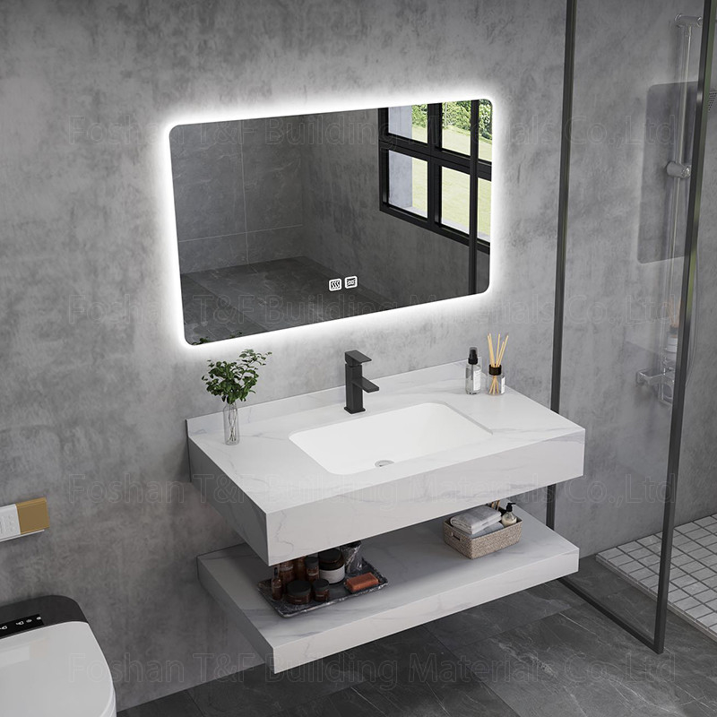 La vanité de marbre moderne de salle de bains d'hôtel a aggloméré le Cabinet en pierre d'évier de bassin que Smart a mené le miroir