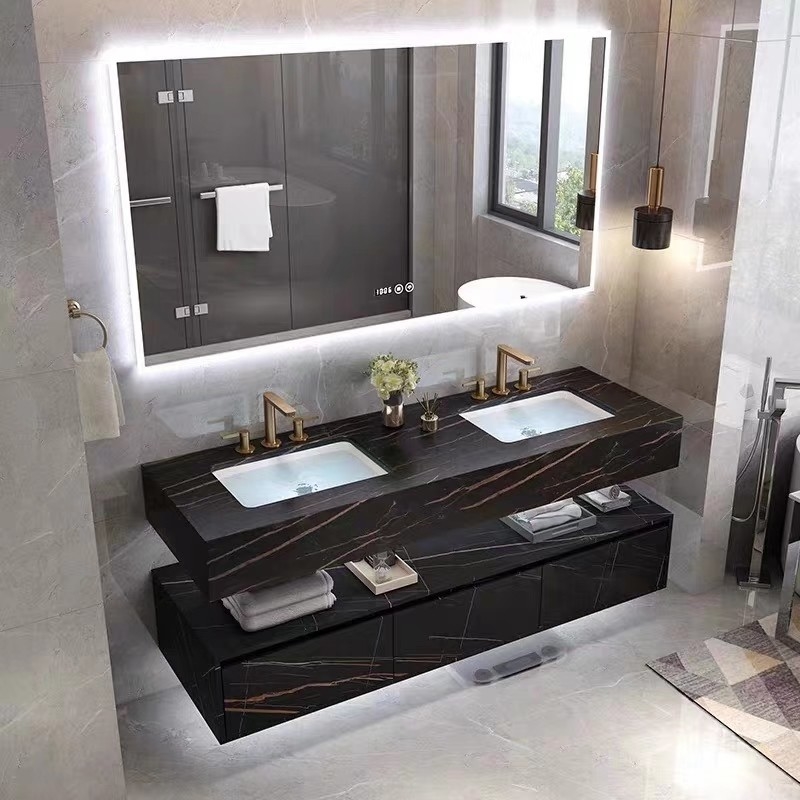 La vanité de marbre moderne de salle de bains d'hôtel a aggloméré le Cabinet en pierre d'évier de bassin que Smart a mené le miroir