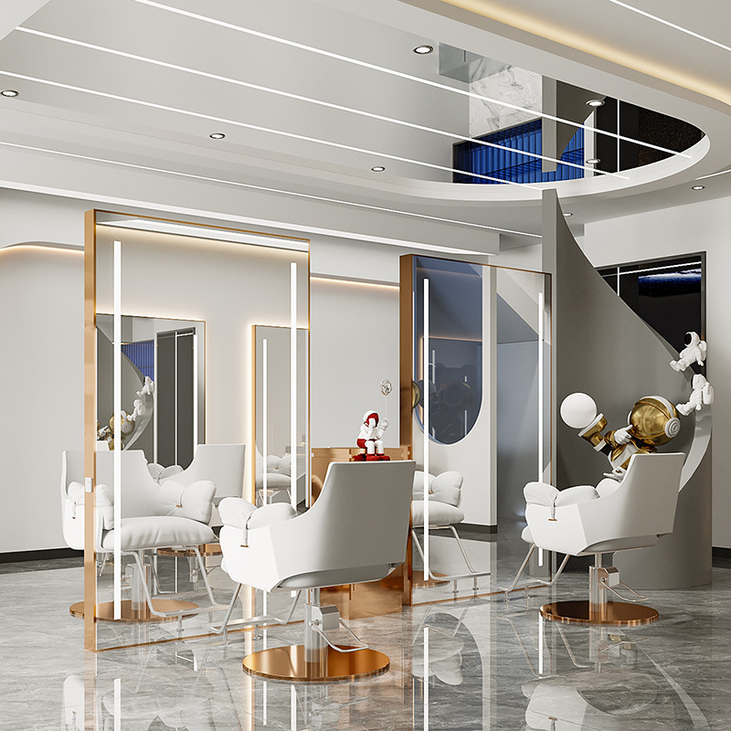 Le grand salon de coiffure rétro-éclairé par LED reflète le miroir surdimensionné de habillage