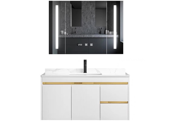 Cabinet de salle de bains en bois extérieur solide de panneau de lavabo de nouvelles de conception de Bath de pièce unités blanches de vanité avec le miroir