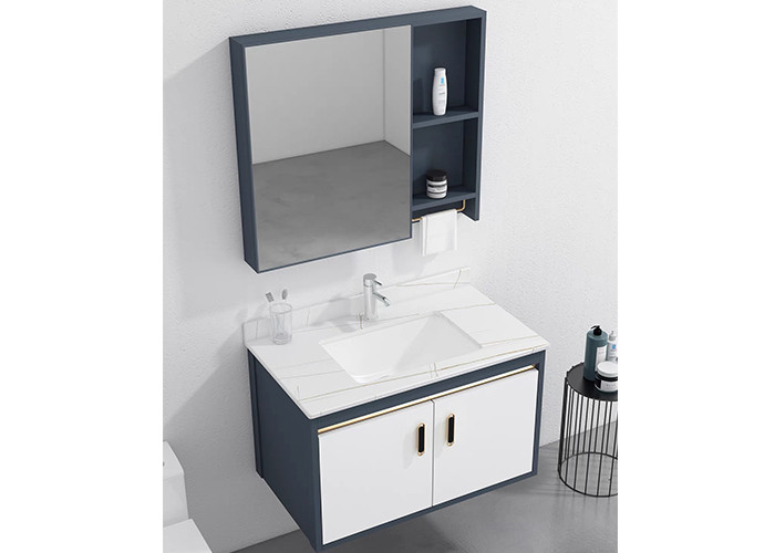 Vanité en céramique de bassin de PVC de peinture brillante élevée blanche fixée au mur de salle de bains avec le miroir