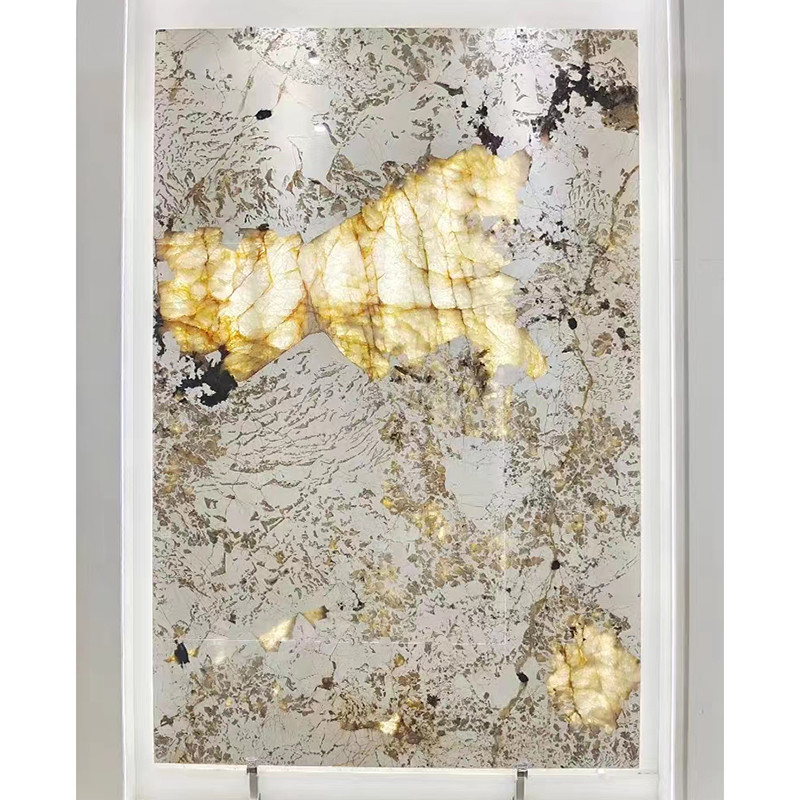 Pierre Pandora Crystal White Onyx Marble Slab de Patagoina éclairée à contre-jour par Brésilien translucide